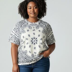 CeCe White & Blue Paisley Button-Up Shirt | Boho Classic Cotton Blend | Large